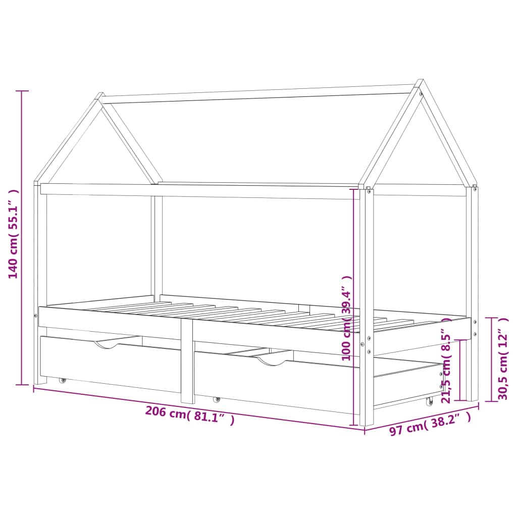 Genérico Estructura de Cama Infantil y cajones Madera Pino Gris 90x200cm,wenjingqi-322144