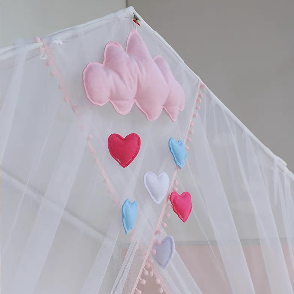 Genérico Mosquitera de Princesa para Cama Infantil con Cortinas con Pompones, Bonita Tienda de campaña para niños con Barras para Cama de tamaño Twin/Twin XL/Full/Queen (Rosa, 59"(An) X 78"