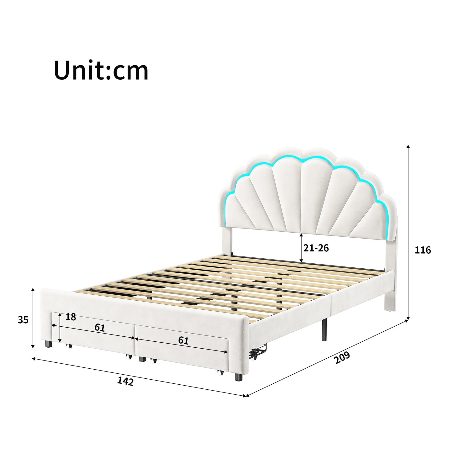 Genérico Cama infantil niña 140 x 200 cm, Cama LED con 2 cajones de almacenamiento cama doble acolchada, marco de camas de plataforma con cabecera de camas somier de láminas (YZBD-1-2)