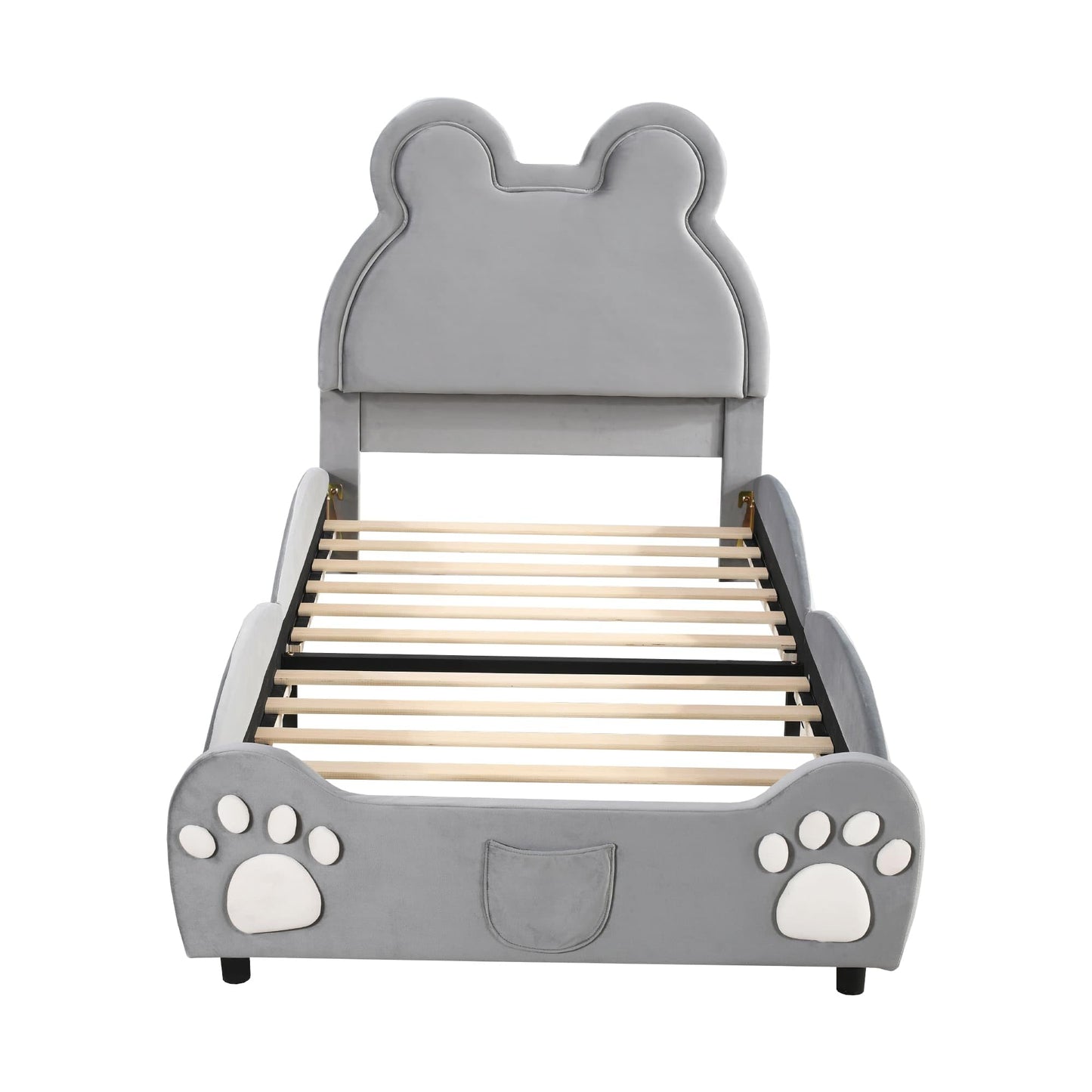 MQGPM Cama tapizada para niños y niñas, 90 x 200 cm, con cabecero en forma de oso, cama individual con somieres para niños y niñas, cama de suelo con protección anticaídas, color gris