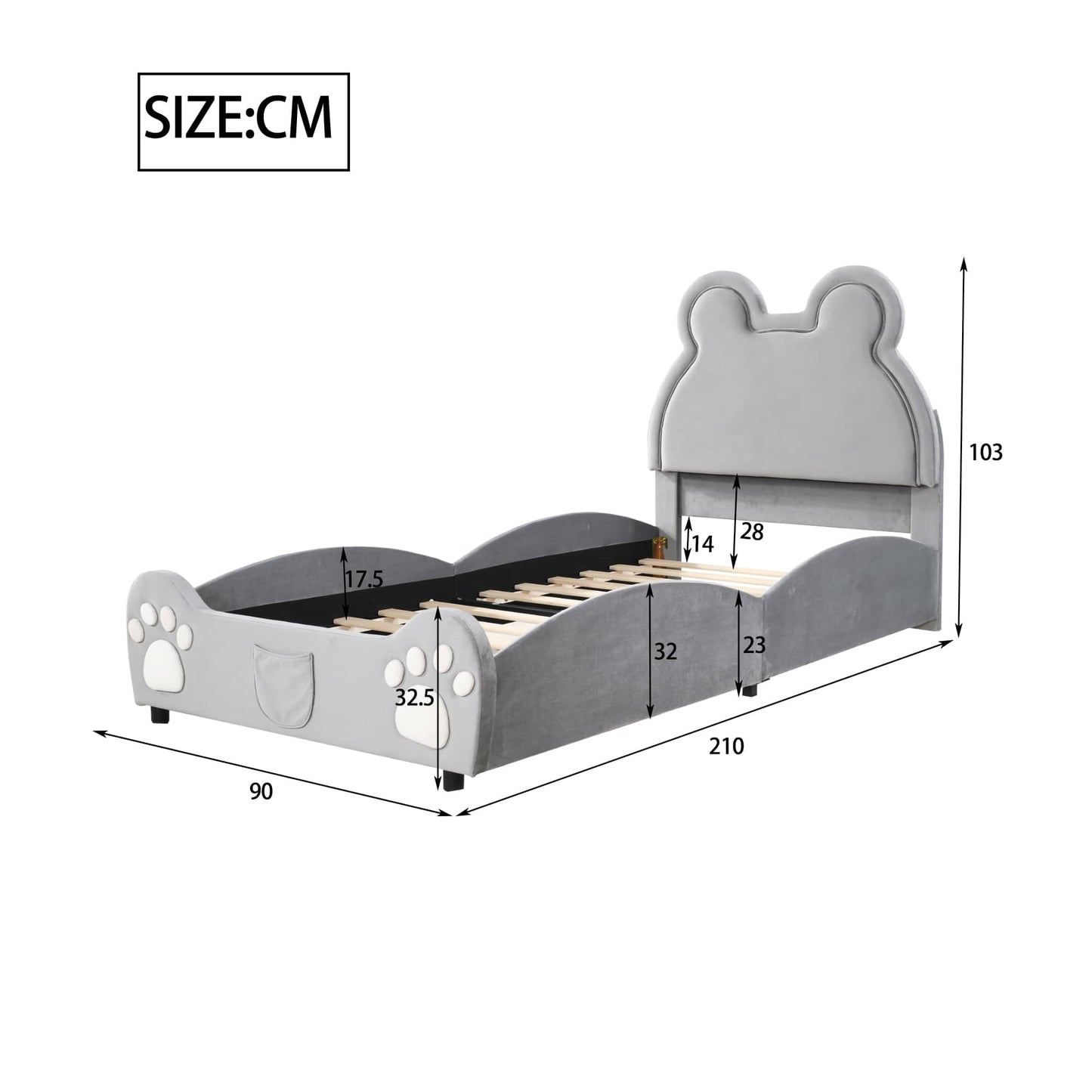 MQGPM Cama tapizada para niños y niñas, 90 x 200 cm, con cabecero en forma de oso, cama individual con somieres para niños y niñas, cama de suelo con protección anticaídas, color gris