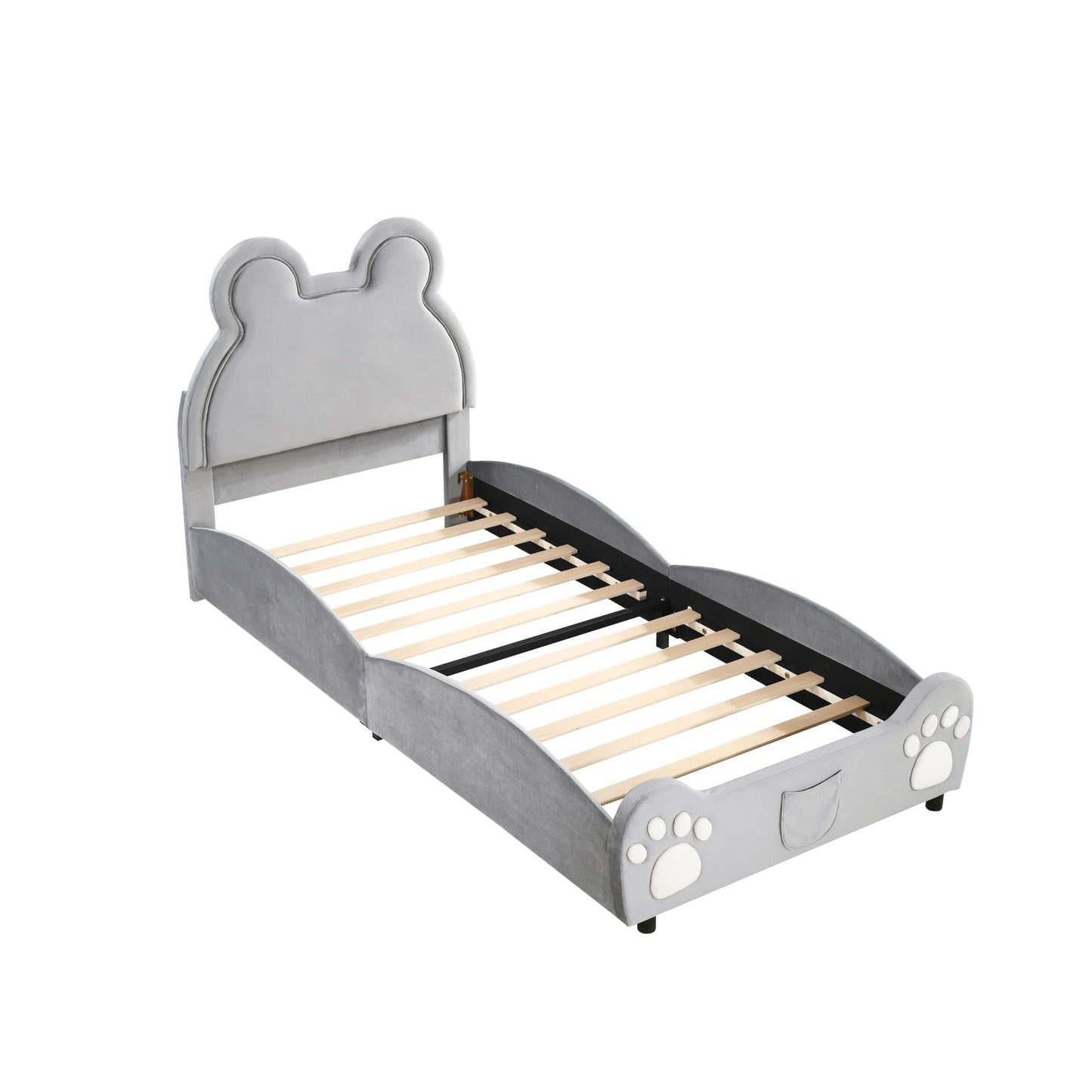 MQGPM Cama tapizada para niños y niñas, 90 x 200 cm, con cabecero en forma de oso, cama individual con somieres para niños y niñas, cama de suelo con protección anticaídas, color gris