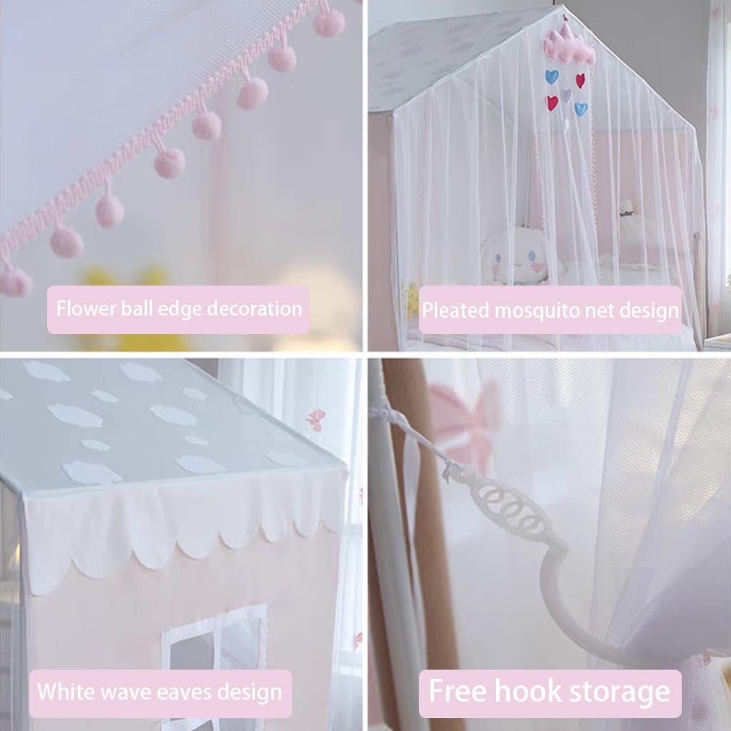 Genérico Mosquitera de Princesa para Cama Infantil con Cortinas con Pompones, Bonita Tienda de campaña para niños con Barras para Cama de tamaño Twin/Twin XL/Full/Queen (Rosa, 59"(An) X 78"