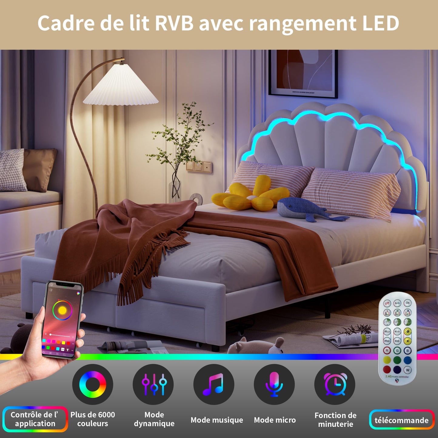Genérico Cama infantil niña 140 x 200 cm, Cama LED con 2 cajones de almacenamiento cama doble acolchada, marco de camas de plataforma con cabecera de camas somier de láminas (YZBD-1-2)