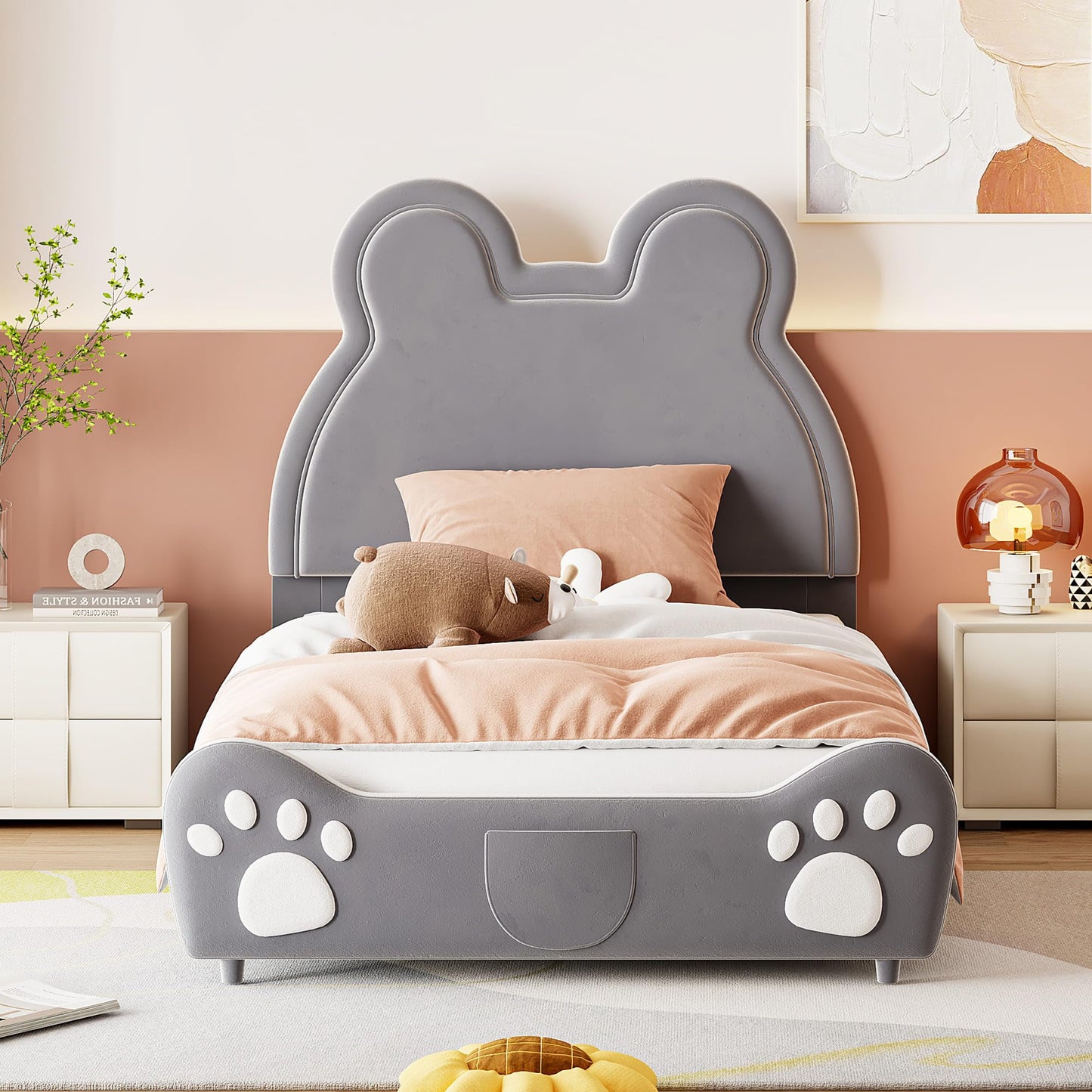 MQGPM Cama tapizada para niños y niñas, 90 x 200 cm, con cabecero en forma de oso, cama individual con somieres para niños y niñas, cama de suelo con protección anticaídas, color gris