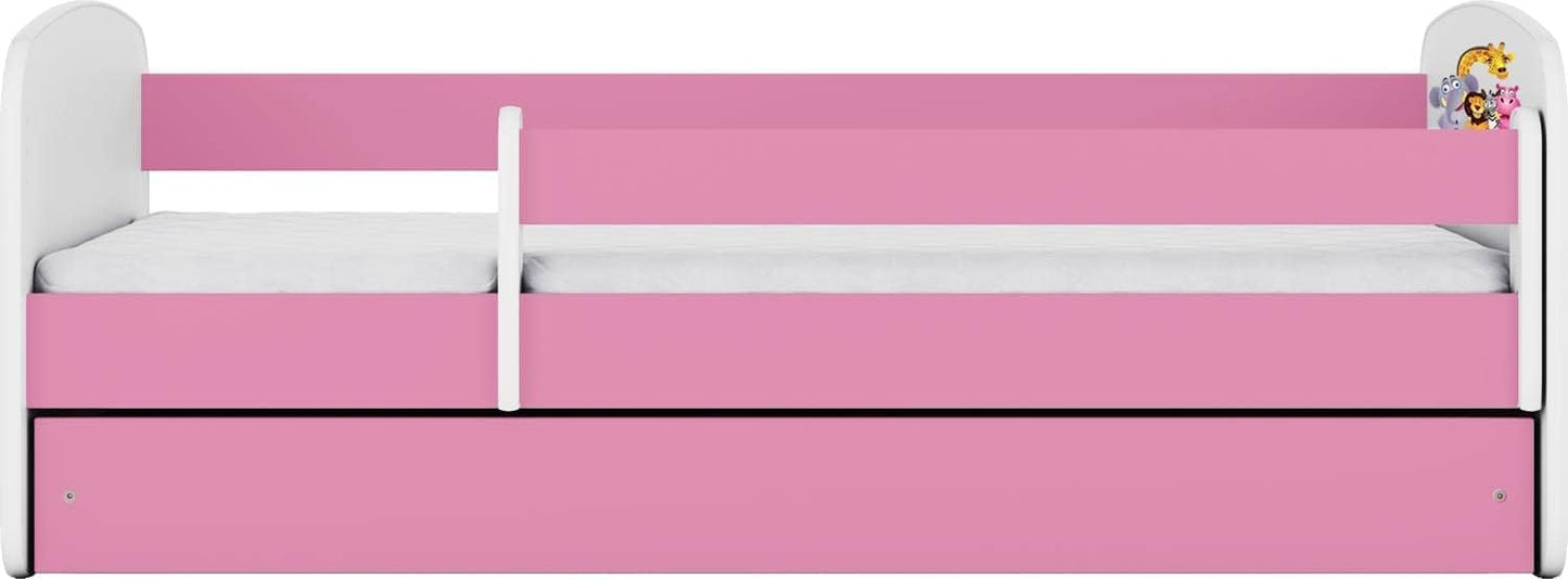 Generico Cama infantil rosa con colchón incluido, 70 x 140 cm, cama infantil con barrera de protección, somier y cajón extraíble – Para niño y niña – Zoológico – 140 x 70 cm