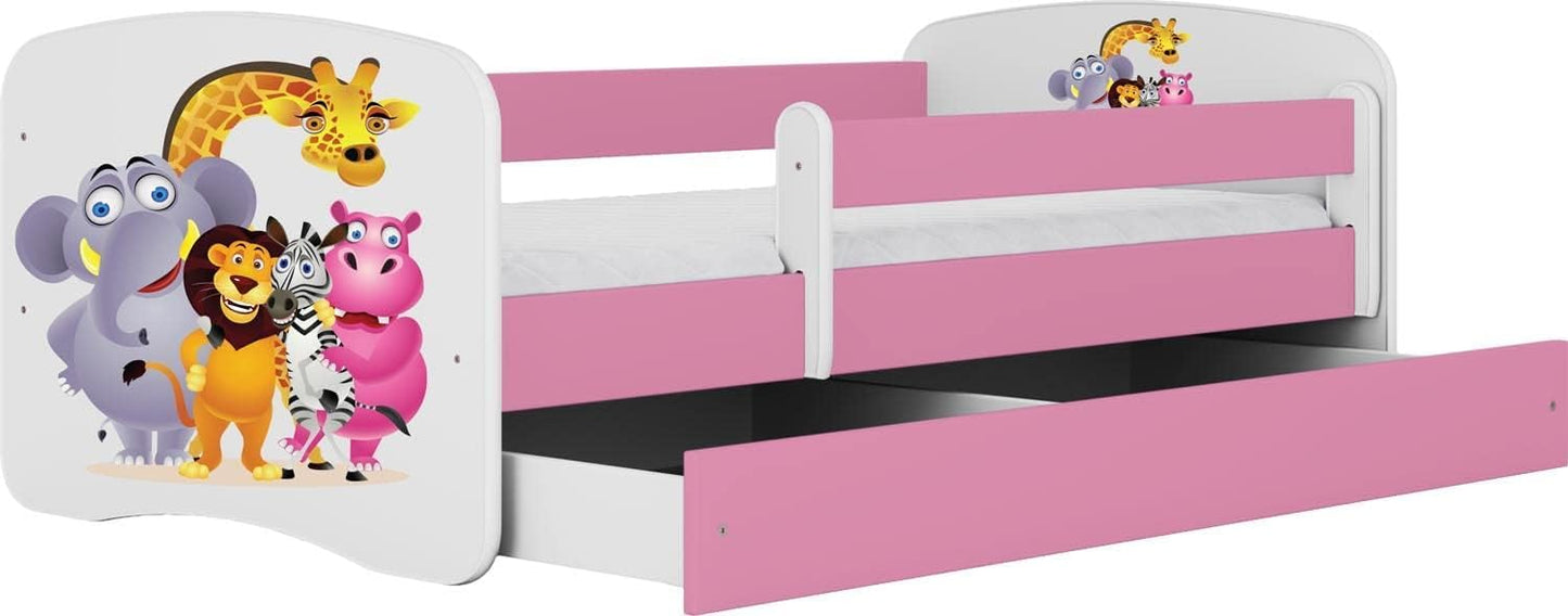 Generico Cama infantil rosa con colchón incluido, 70 x 140 cm, cama infantil con barrera de protección, somier y cajón extraíble – Para niño y niña – Zoológico – 140 x 70 cm