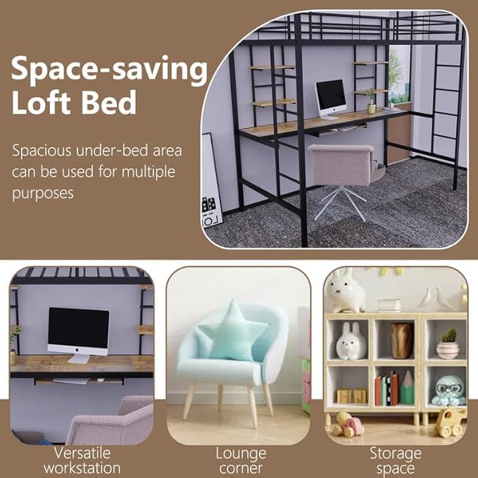 Genérico Cama Mezzanine con Escritorio Integrado y 4 Estantes, Litera de Metal Resistente 90x190 cm, Ideal para Adultos Adolescentes y Espacios Pequeños, Color Negro Seguro