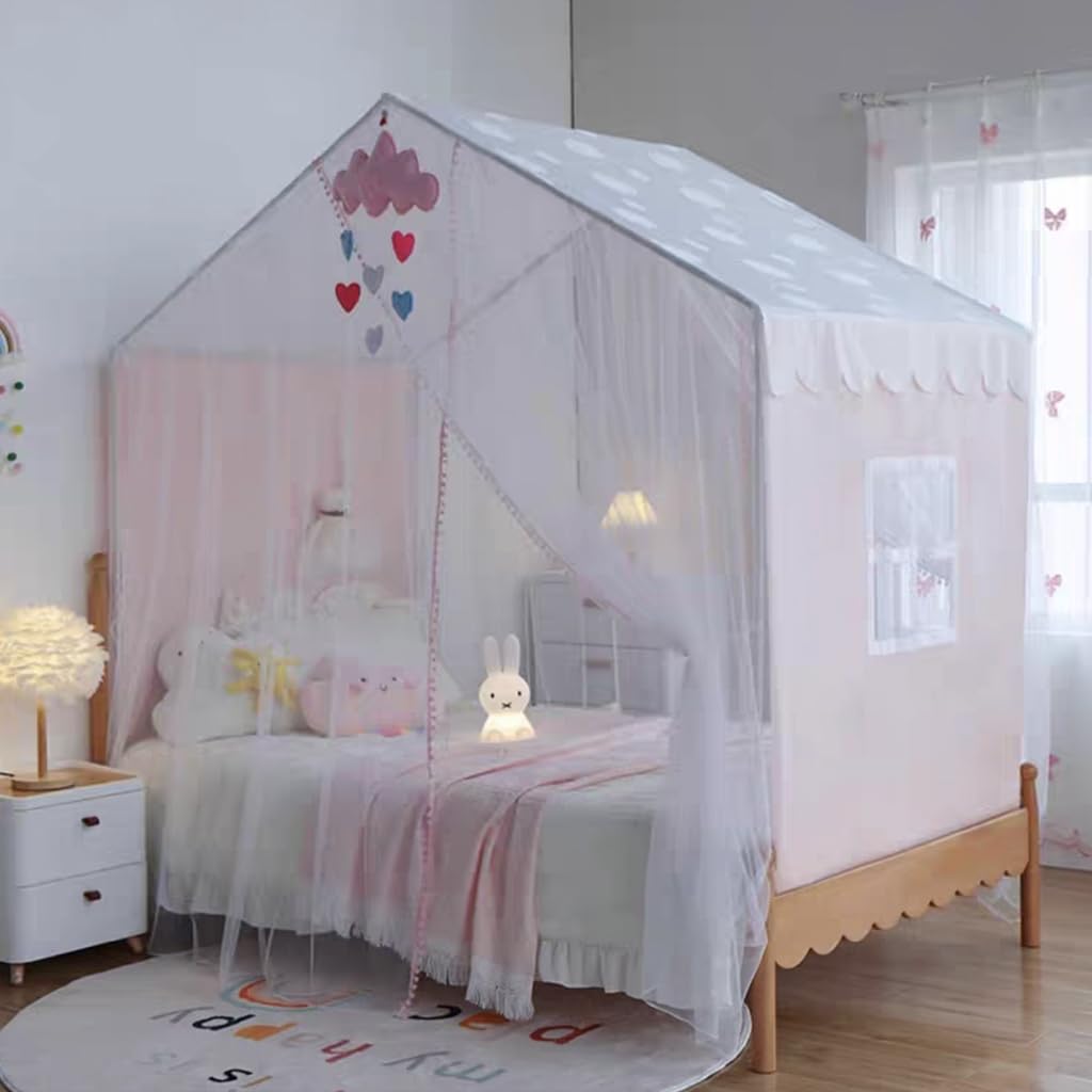 Genérico Mosquitera de Princesa para Cama Infantil con Cortinas con Pompones, Bonita Tienda de campaña para niños con Barras para Cama de tamaño Twin/Twin XL/Full/Queen (Rosa, 59"(An) X 78"
