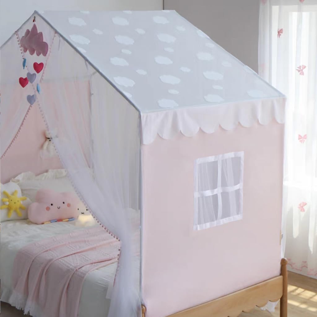 Genérico Mosquitera de Princesa para Cama Infantil con Cortinas con Pompones, Bonita Tienda de campaña para niños con Barras para Cama de tamaño Twin/Twin XL/Full/Queen (Rosa, 59"(An) X 78"