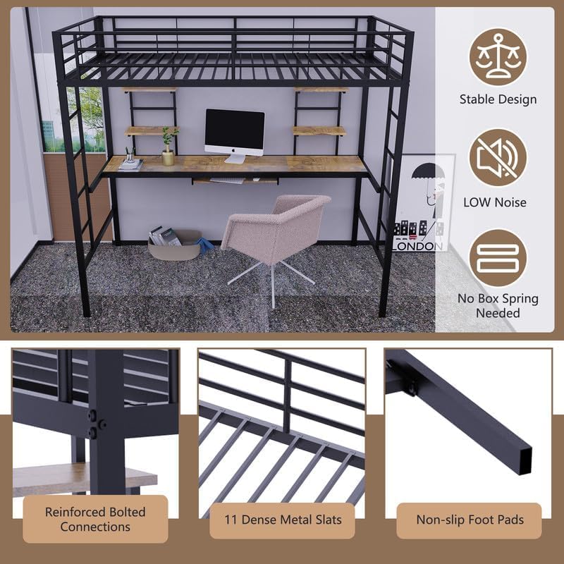 Genérico Cama Mezzanine con Escritorio Integrado y 4 Estantes, Litera de Metal Resistente 90x190 cm, Ideal para Adultos Adolescentes y Espacios Pequeños, Color Negro Seguro