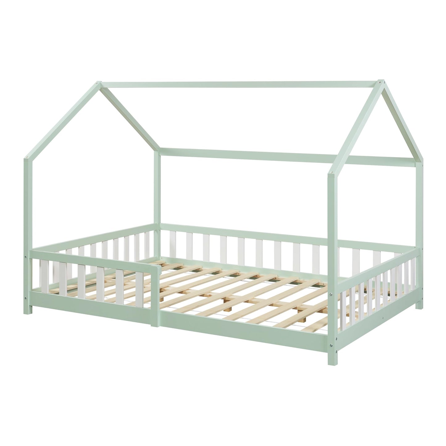[en.casa] Cama para Niños Hesel Decrativa Cama Infantil Individual con Somier y Barandilla Estructura en Forma de Casa Estilo Montessori Madera de Pino 120 x 200 cm - Verde Menta