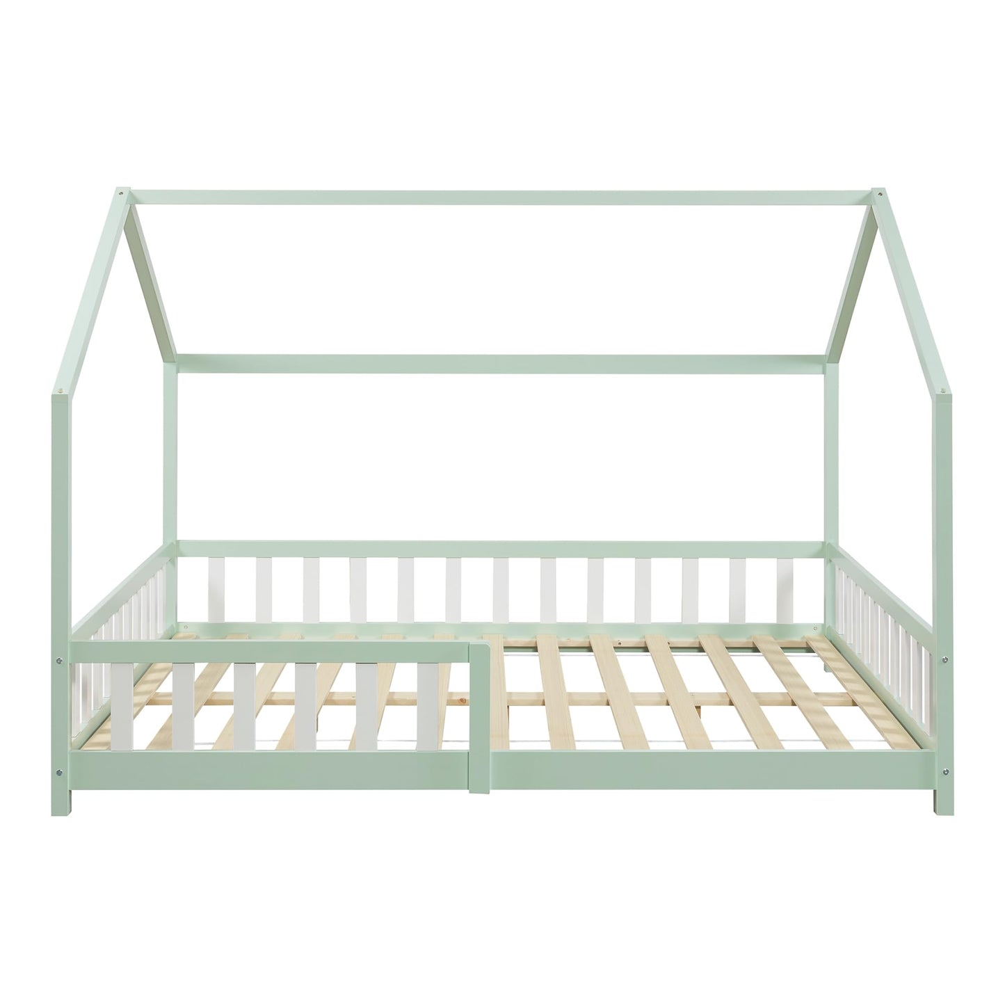[en.casa] Cama para Niños Hesel Decrativa Cama Infantil Individual con Somier y Barandilla Estructura en Forma de Casa Estilo Montessori Madera de Pino 120 x 200 cm - Verde Menta