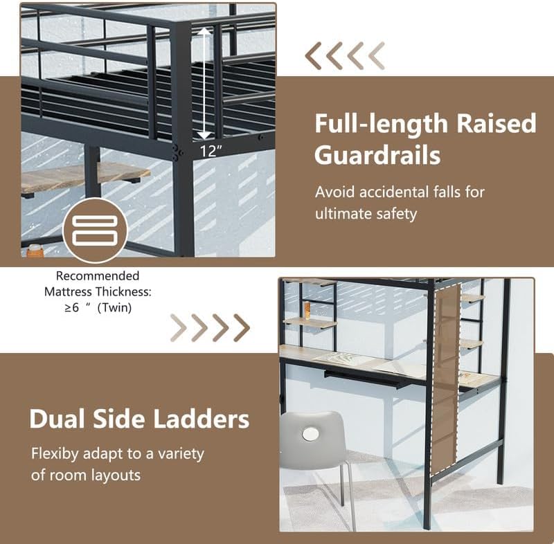 Genérico Cama Mezzanine con Escritorio Integrado y 4 Estantes, Litera de Metal Resistente 90x190 cm, Ideal para Adultos Adolescentes y Espacios Pequeños, Color Negro Seguro