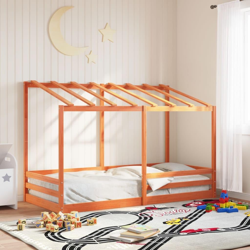 Generico Kangqiling847005 - Cama infantil con techo marrón de cera, 80 x 200 cm, madera maciza de pino