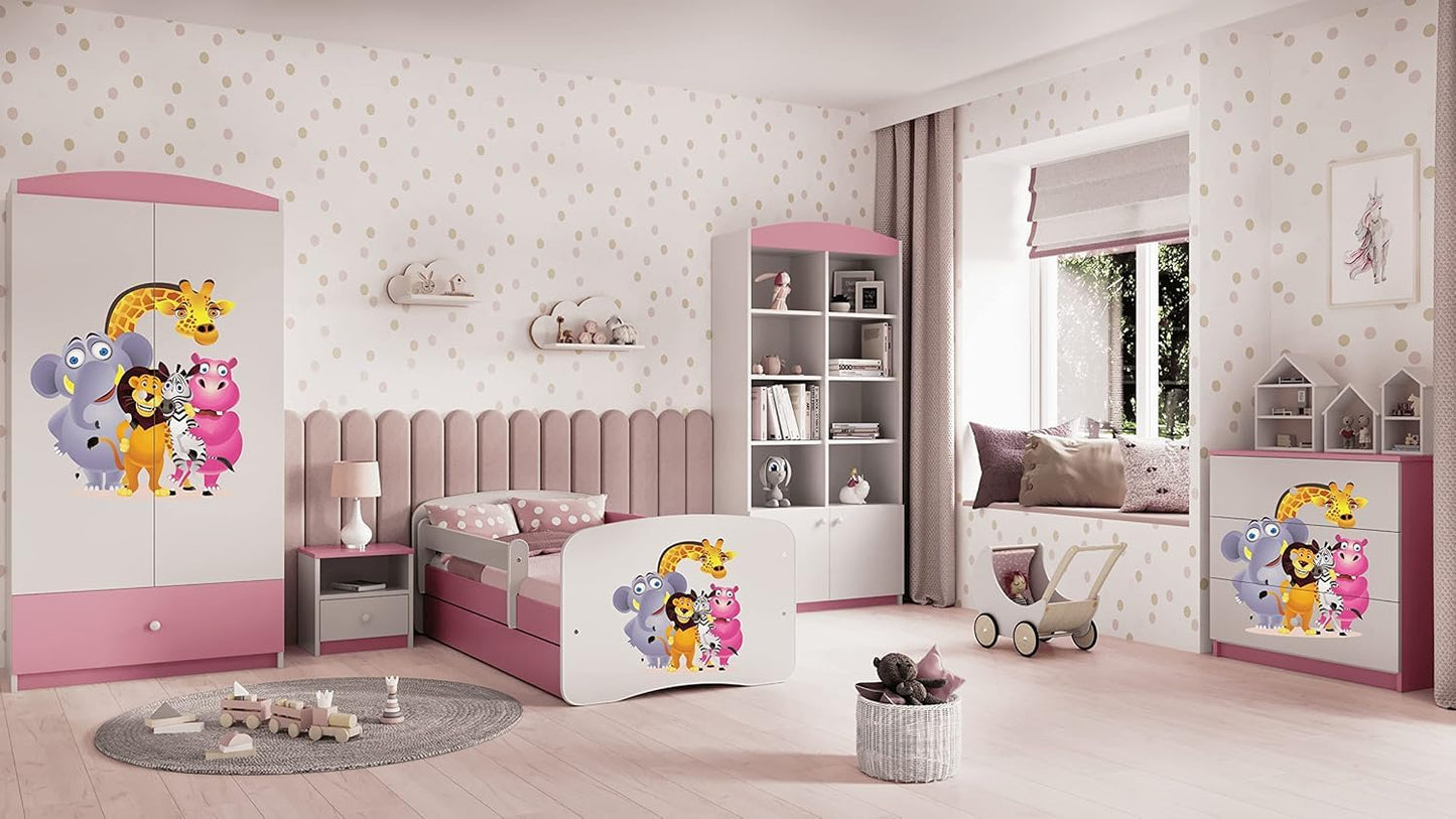 Generico Cama infantil rosa con colchón incluido, 70 x 140 cm, cama infantil con barrera de protección, somier y cajón extraíble – Para niño y niña – Zoológico – 140 x 70 cm
