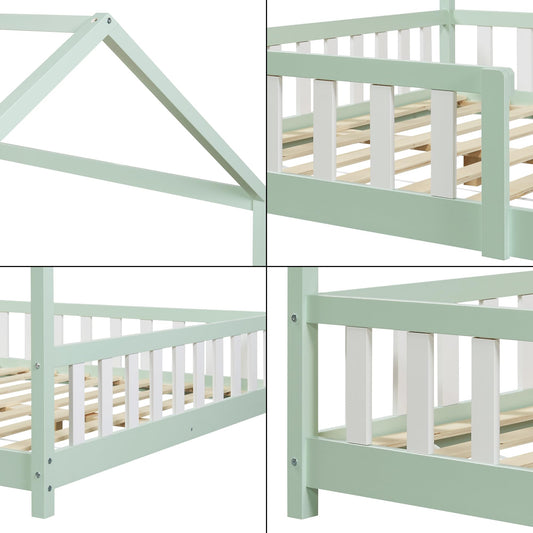 [en.casa] Cama para Niños Hesel Decrativa Cama Infantil Individual con Somier y Barandilla Estructura en Forma de Casa Estilo Montessori Madera de Pino 120 x 200 cm - Verde Menta