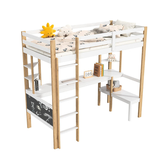 Genérico Cama entrepiso de madera maciza 90 x 200 cm – Escritorio integrado, escalera, estantería, pizarra negra – Cama con somier de láminas, madera y blanco (sin colchón)
