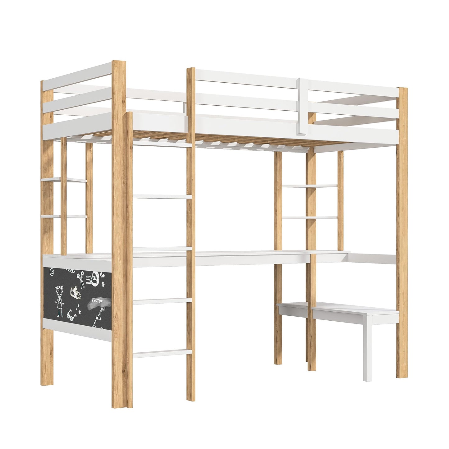 Genérico Cama entrepiso de madera maciza 90 x 200 cm – Escritorio integrado, escalera, estantería, pizarra negra – Cama con somier de láminas, madera y blanco (sin colchón)