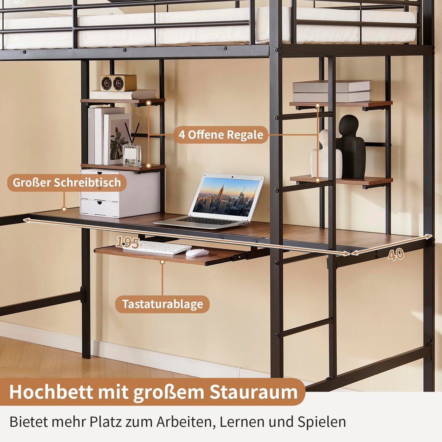 Genérico Cama Mezzanine con Escritorio Integrado y 4 Estantes, Litera de Metal Resistente 90x190 cm, Ideal para Adultos Adolescentes y Espacios Pequeños, Color Negro Seguro