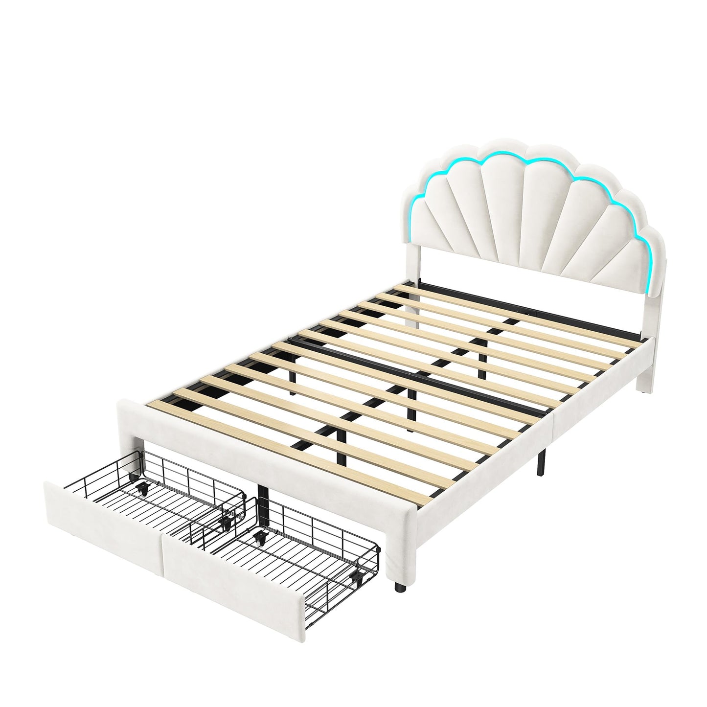 Genérico Cama infantil niña 140 x 200 cm, Cama LED con 2 cajones de almacenamiento cama doble acolchada, marco de camas de plataforma con cabecera de camas somier de láminas (YZBD-1-2)