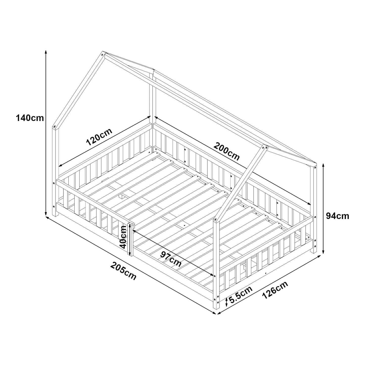 [en.casa] Cama para Niños Hesel Decrativa Cama Infantil Individual con Somier y Barandilla Estructura en Forma de Casa Estilo Montessori Madera de Pino 120 x 200 cm - Verde Menta