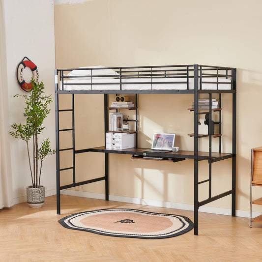 Genérico Cama Mezzanine con Escritorio Integrado y 4 Estantes, Litera de Metal Resistente 90x190 cm, Ideal para Adultos Adolescentes y Espacios Pequeños, Color Negro Seguro