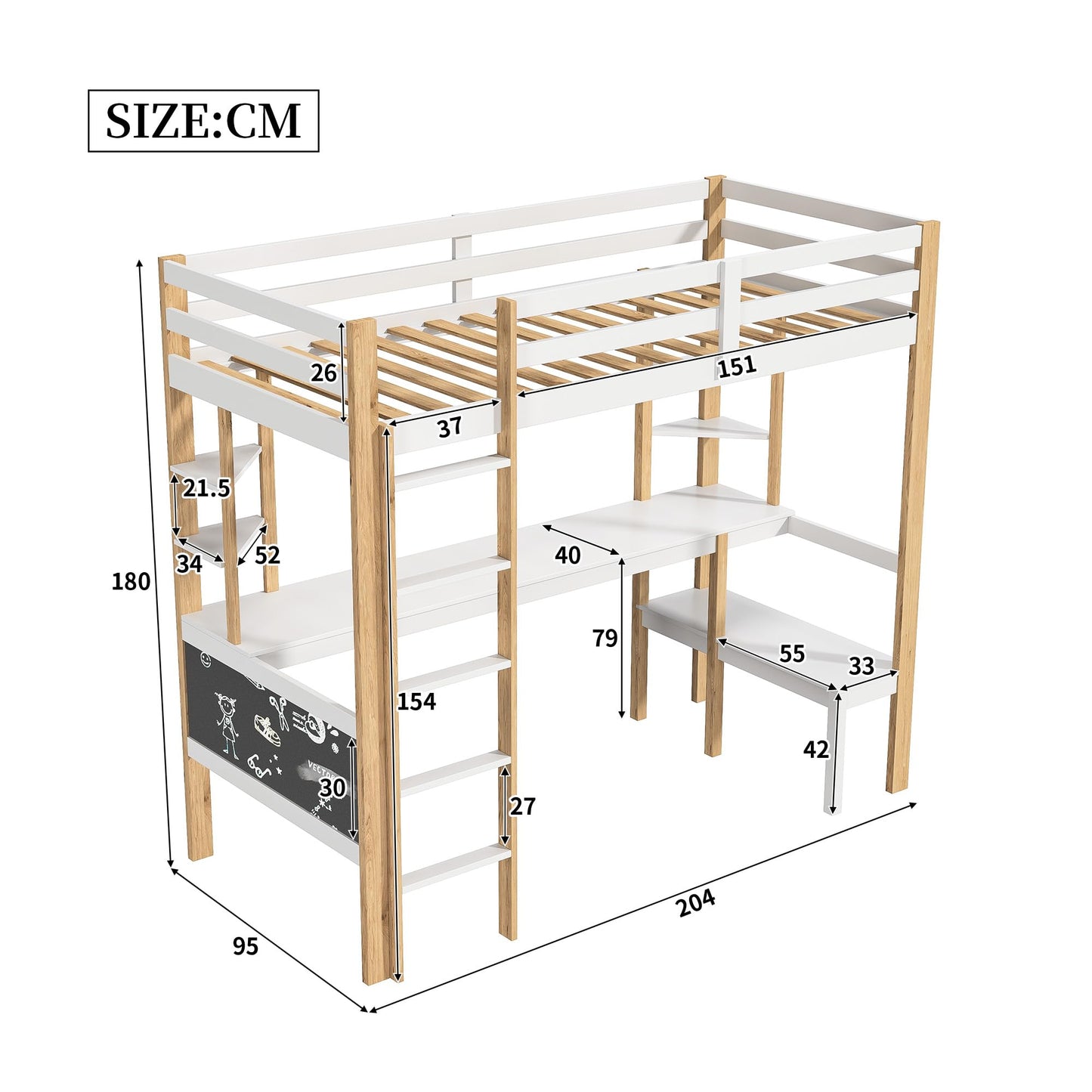 Genérico Cama entrepiso de madera maciza 90 x 200 cm – Escritorio integrado, escalera, estantería, pizarra negra – Cama con somier de láminas, madera y blanco (sin colchón)