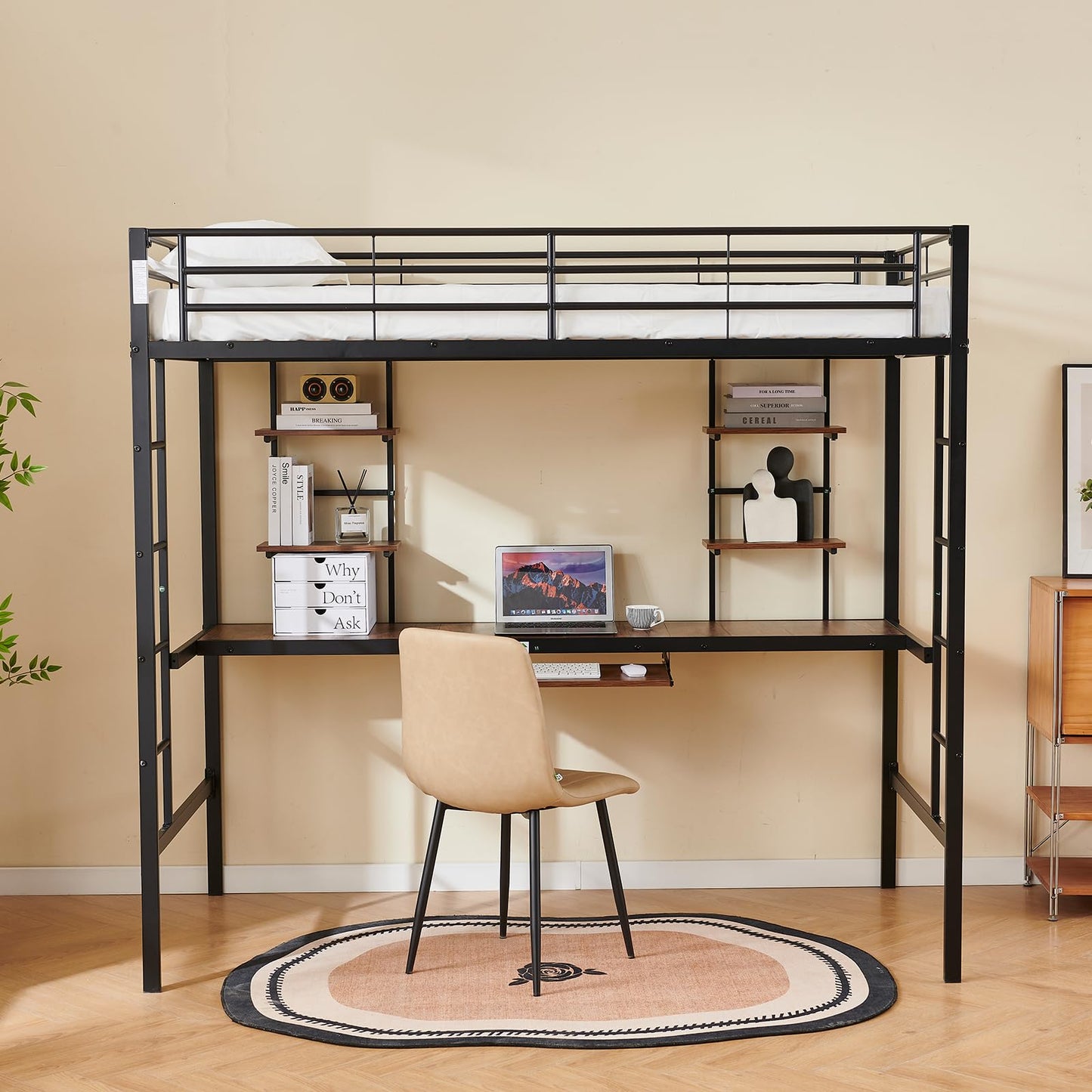Genérico Cama Mezzanine con Escritorio Integrado y 4 Estantes, Litera de Metal Resistente 90x190 cm, Ideal para Adultos Adolescentes y Espacios Pequeños, Color Negro Seguro
