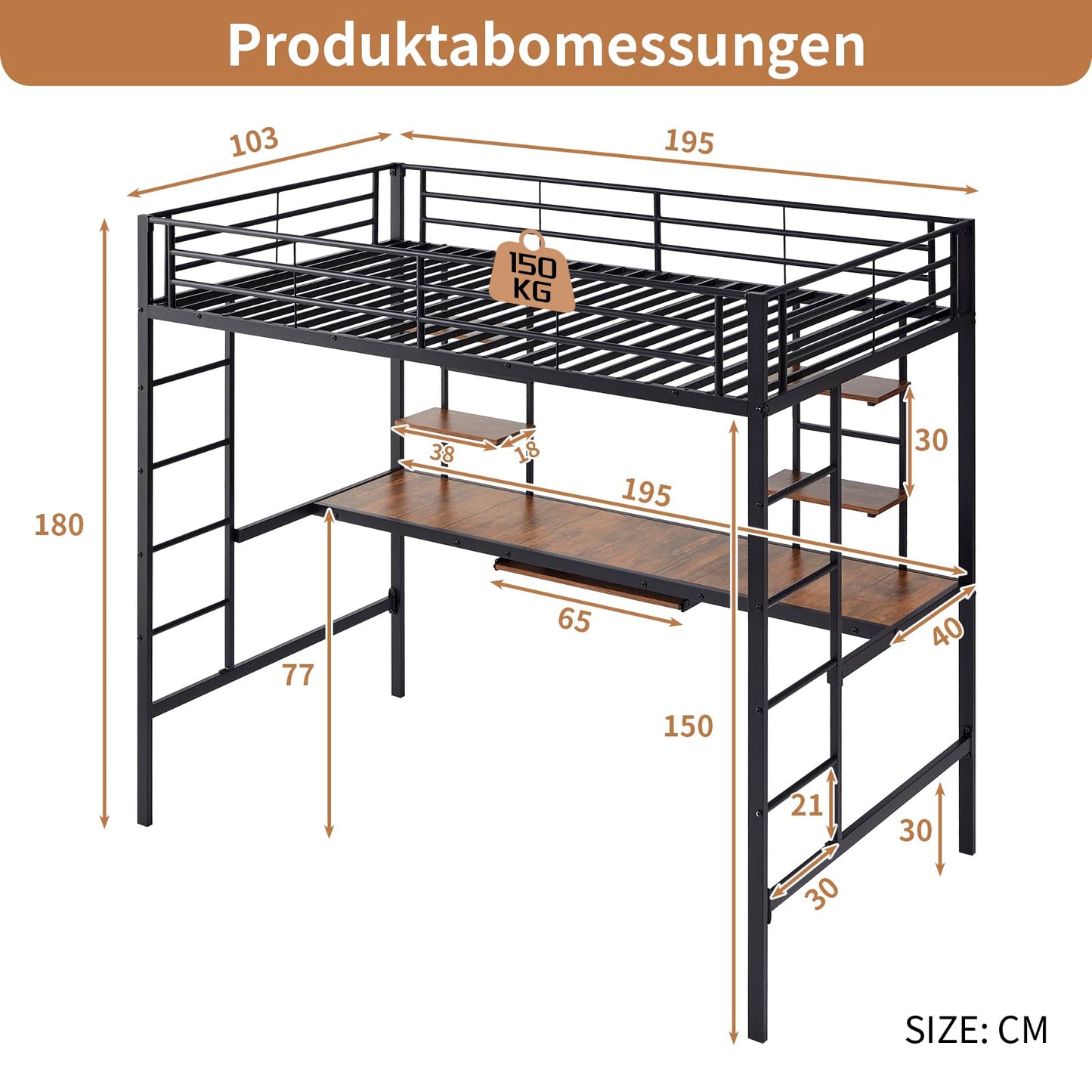 Genérico Cama Mezzanine con Escritorio Integrado y 4 Estantes, Litera de Metal Resistente 90x190 cm, Ideal para Adultos Adolescentes y Espacios Pequeños, Color Negro Seguro