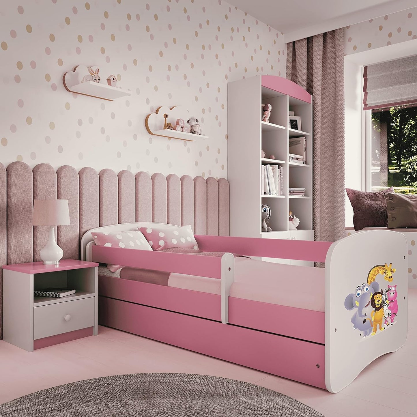 Generico Cama infantil rosa con colchón incluido, 70 x 140 cm, cama infantil con barrera de protección, somier y cajón extraíble – Para niño y niña – Zoológico – 140 x 70 cm