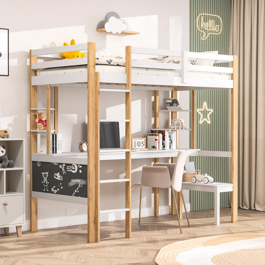 Genérico Cama entrepiso de madera maciza 90 x 200 cm – Escritorio integrado, escalera, estantería, pizarra negra – Cama con somier de láminas, madera y blanco (sin colchón)