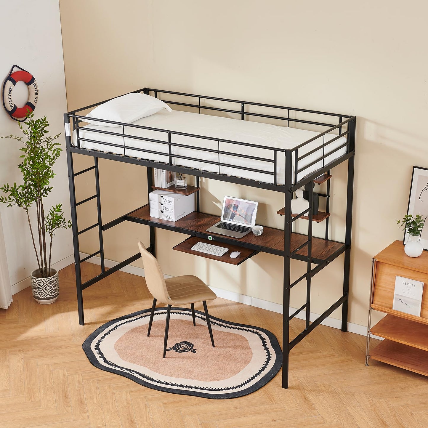 Genérico Cama Mezzanine con Escritorio Integrado y 4 Estantes, Litera de Metal Resistente 90x190 cm, Ideal para Adultos Adolescentes y Espacios Pequeños, Color Negro Seguro