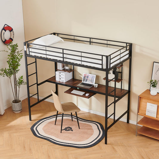 Genérico Cama Mezzanine con Escritorio Integrado y 4 Estantes, Litera de Metal Resistente 90x190 cm, Ideal para Adultos Adolescentes y Espacios Pequeños, Color Negro Seguro