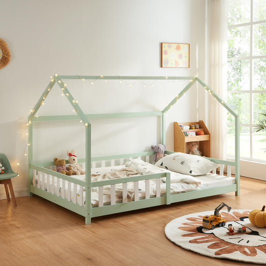[en.casa] Cama para Niños Hesel Decrativa Cama Infantil Individual con Somier y Barandilla Estructura en Forma de Casa Estilo Montessori Madera de Pino 120 x 200 cm - Verde Menta