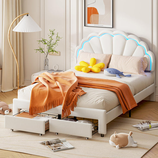 Genérico Cama infantil niña 140 x 200 cm, Cama LED con 2 cajones de almacenamiento cama doble acolchada, marco de camas de plataforma con cabecera de camas somier de láminas (YZBD-1-2)