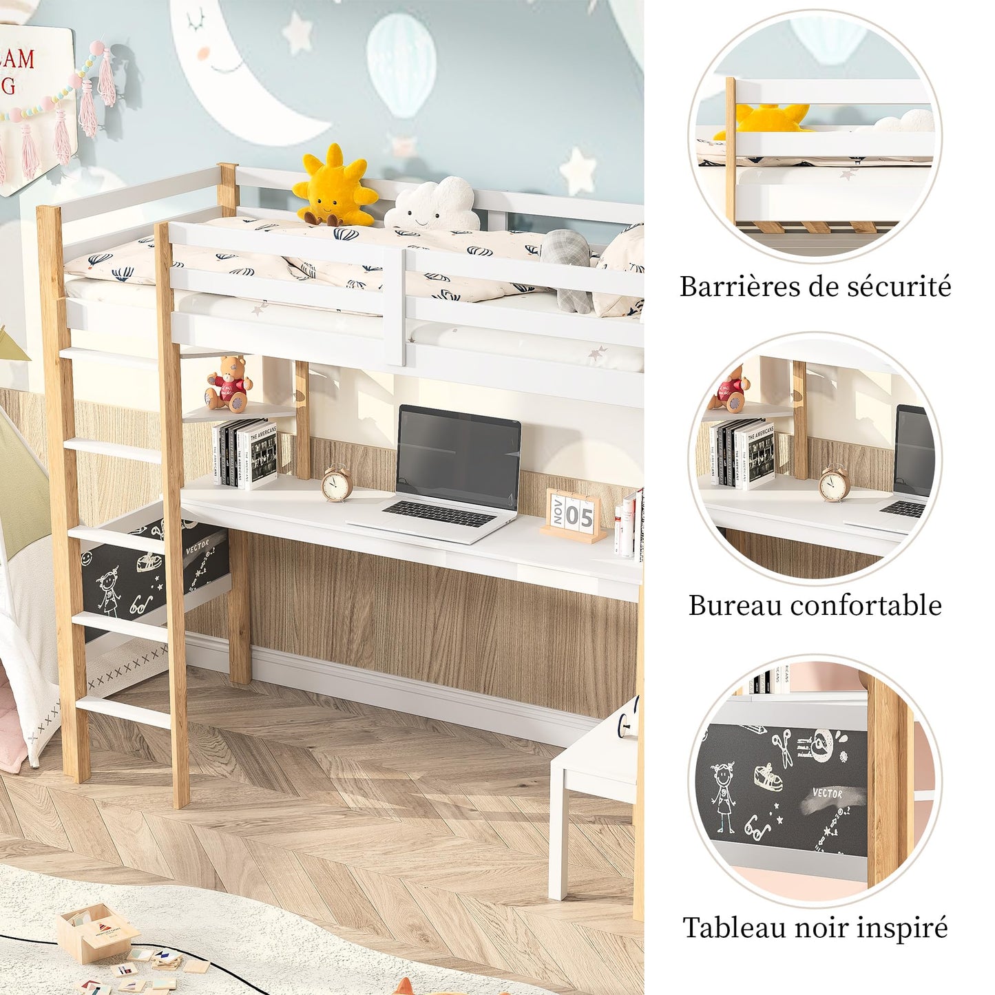 Genérico Cama entrepiso de madera maciza 90 x 200 cm – Escritorio integrado, escalera, estantería, pizarra negra – Cama con somier de láminas, madera y blanco (sin colchón)