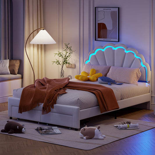 Genérico Cama infantil niña 140 x 200 cm, Cama LED con 2 cajones de almacenamiento cama doble acolchada, marco de camas de plataforma con cabecera de camas somier de láminas (YZBD-1-2)