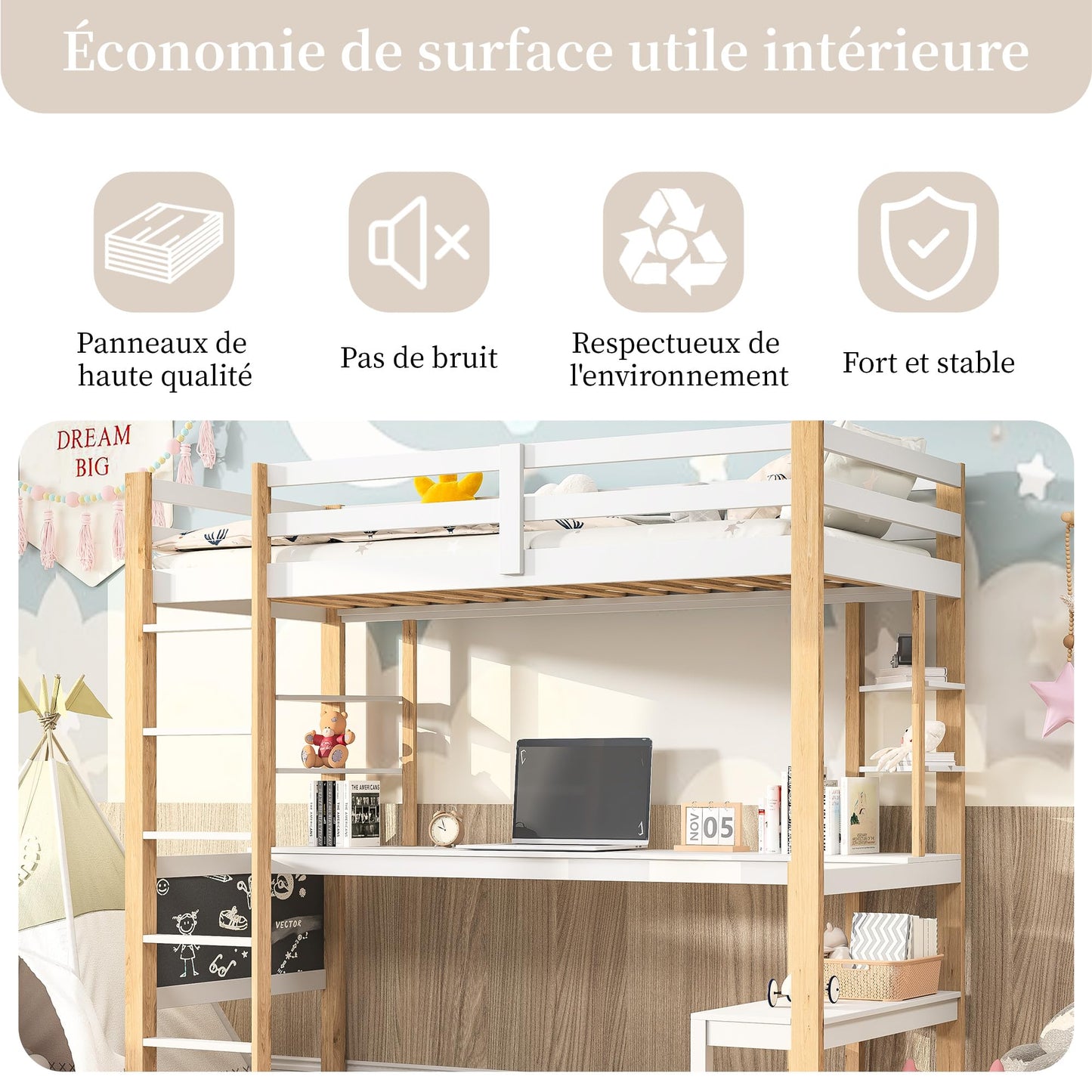 Genérico Cama entrepiso de madera maciza 90 x 200 cm – Escritorio integrado, escalera, estantería, pizarra negra – Cama con somier de láminas, madera y blanco (sin colchón)