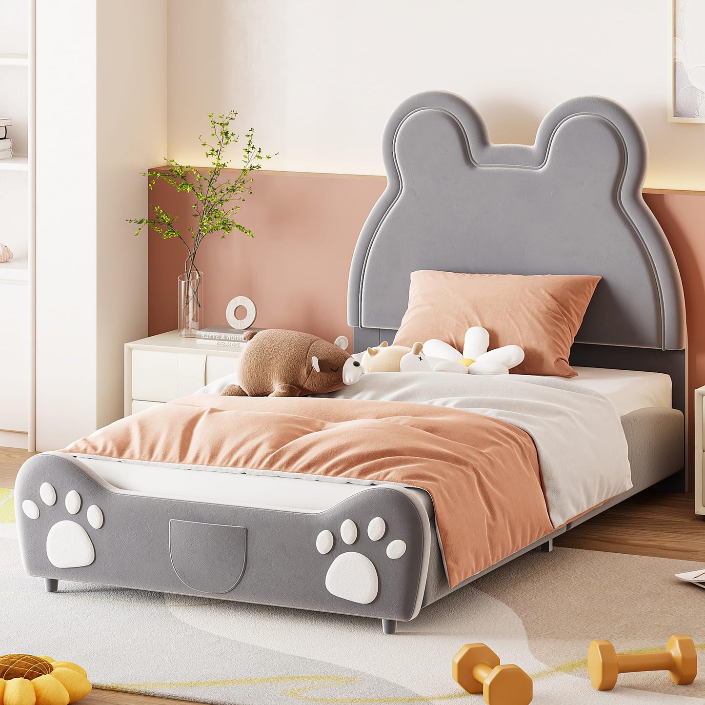 MQGPM Cama tapizada para niños y niñas, 90 x 200 cm, con cabecero en forma de oso, cama individual con somieres para niños y niñas, cama de suelo con protección anticaídas, color gris