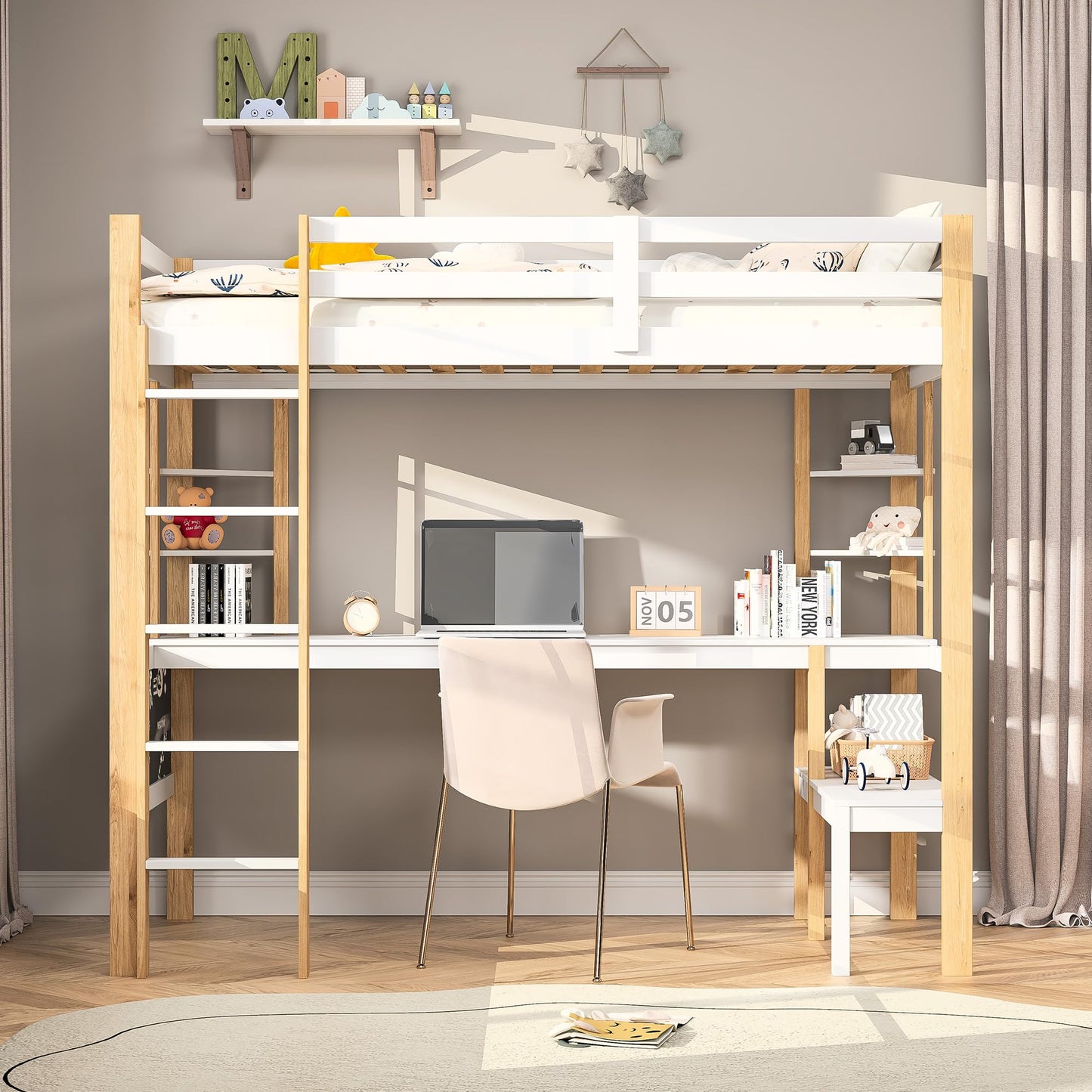 Genérico Cama entrepiso de madera maciza 90 x 200 cm – Escritorio integrado, escalera, estantería, pizarra negra – Cama con somier de láminas, madera y blanco (sin colchón)