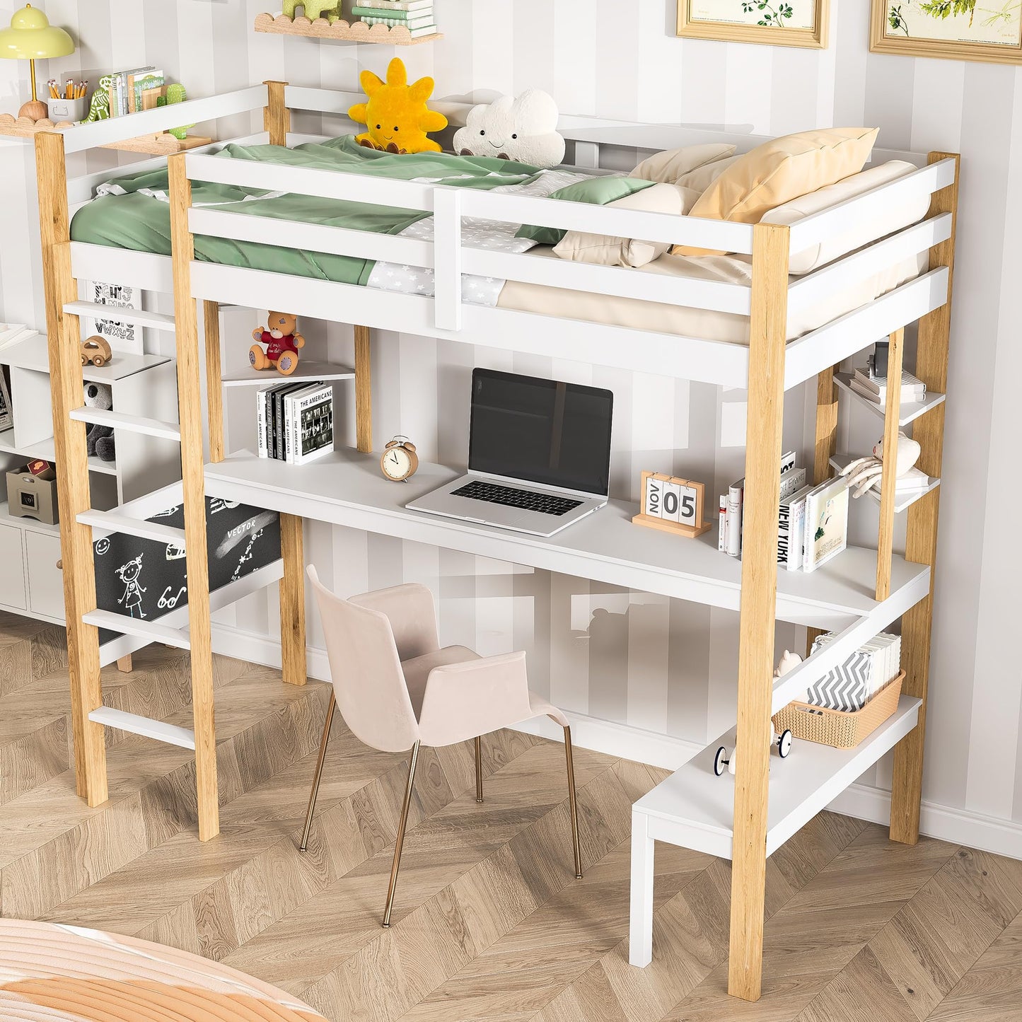 Genérico Cama entrepiso de madera maciza 90 x 200 cm – Escritorio integrado, escalera, estantería, pizarra negra – Cama con somier de láminas, madera y blanco (sin colchón)