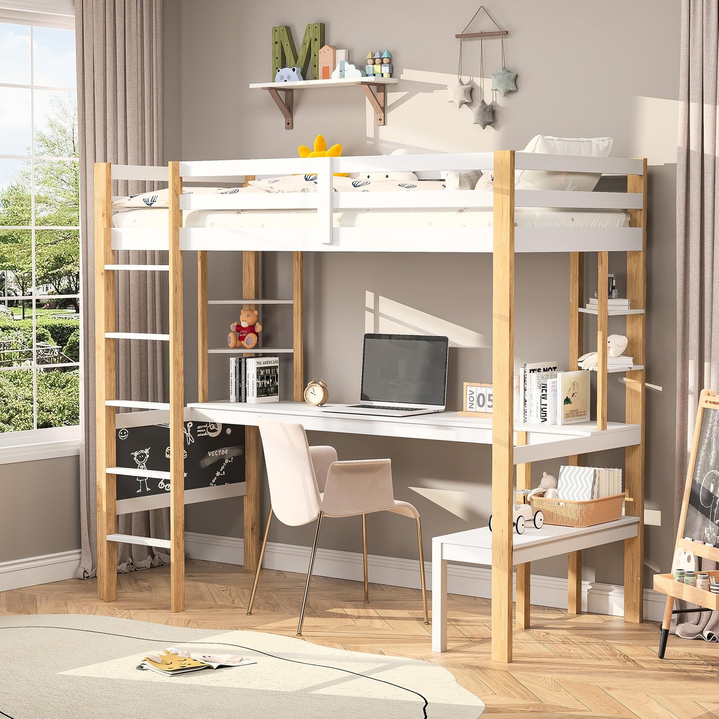 Genérico Cama entrepiso de madera maciza 90 x 200 cm – Escritorio integrado, escalera, estantería, pizarra negra – Cama con somier de láminas, madera y blanco (sin colchón)